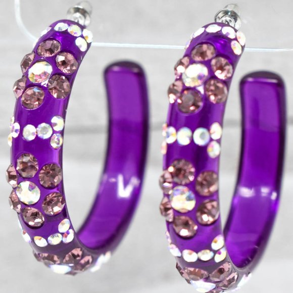 2" Flower Pattern Purple Lucite Rhinestone Hoops - Picture 8 of 13